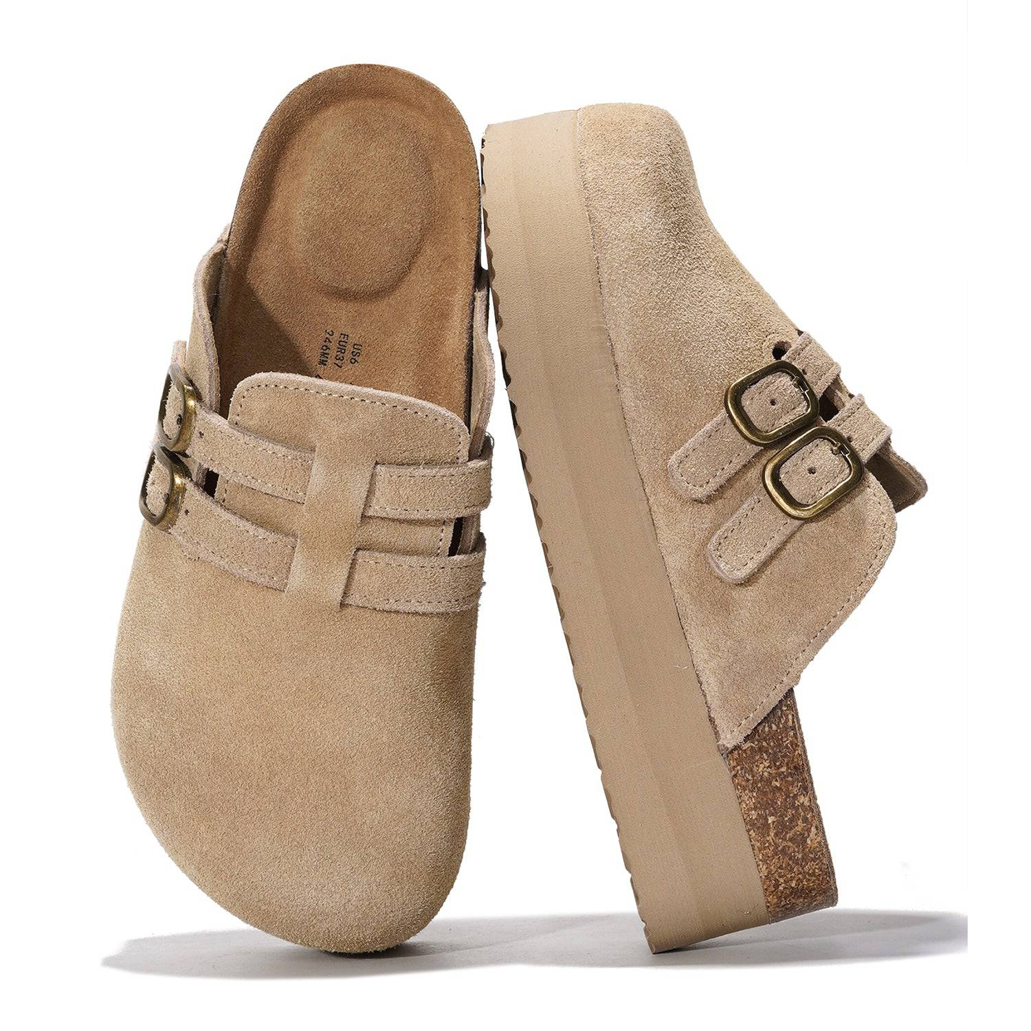 Project Cloud Stephi clogs in taupe suede with double buckle detail, platform sole, and memory foam insole for women
