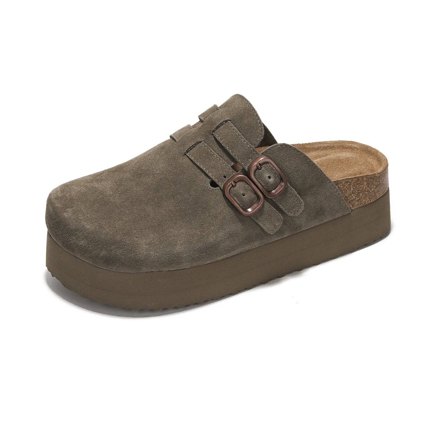 Project Cloud Stephi Clogs in taupe suede with double buckle detail, platform sole, and memory foam insole for women
