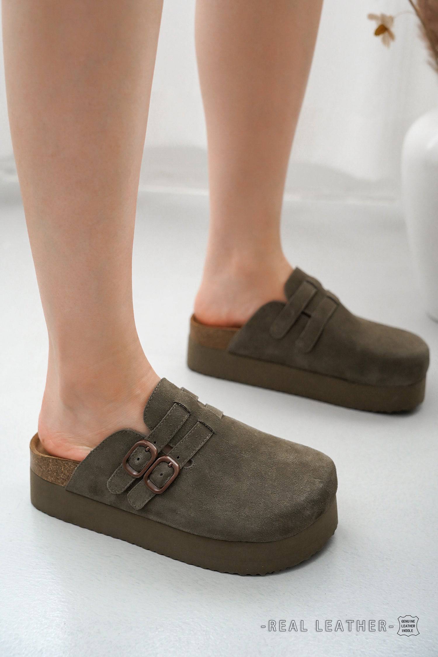 Project Cloud Stephi clogs in taupe suede with double buckle and platform sole, Real Leather Insole