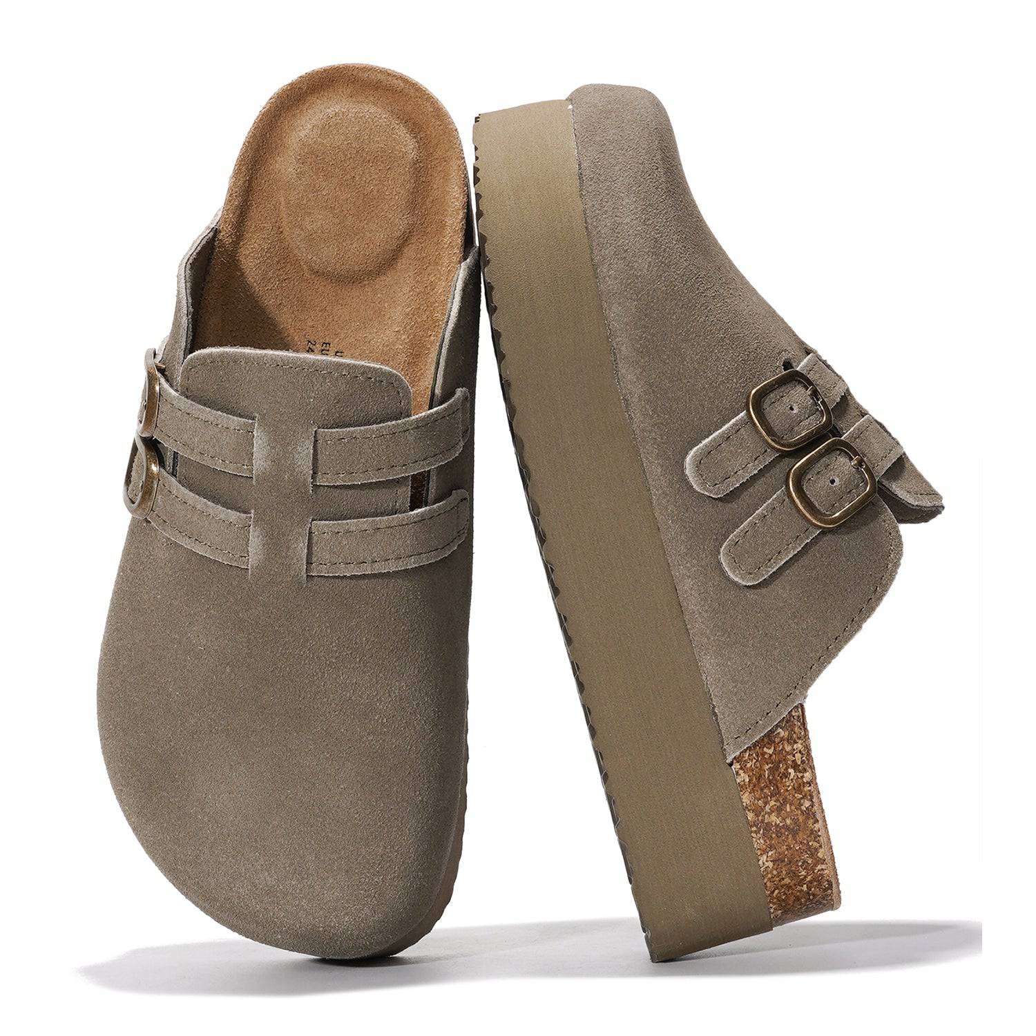 Project Cloud Stephi Clogs in taupe suede with double buckle detail and platform sole for women
