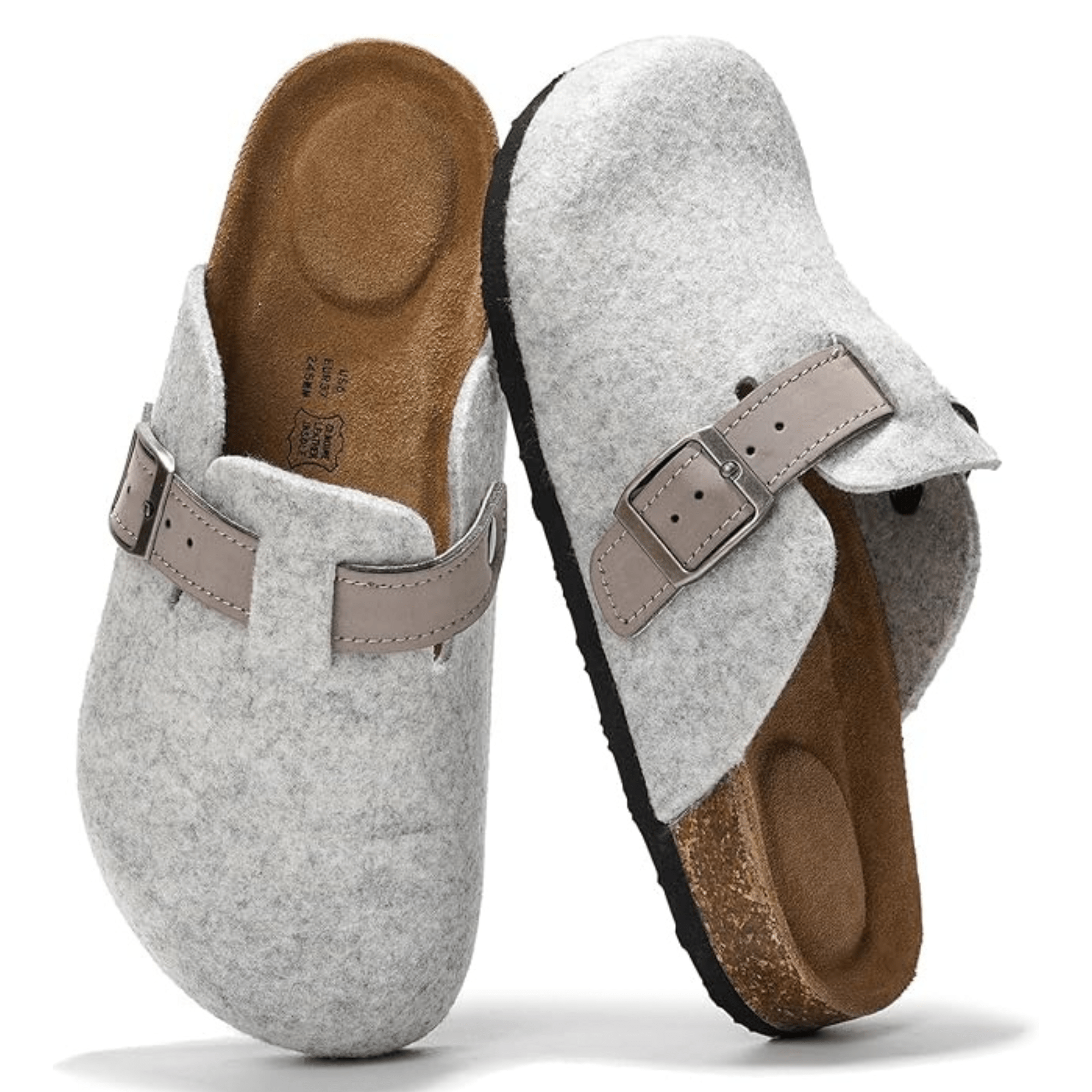 Project Cloud Women's Benton Clogs in light grey felt, buckle detail, cork footbed, memory foam support, women's slippers
