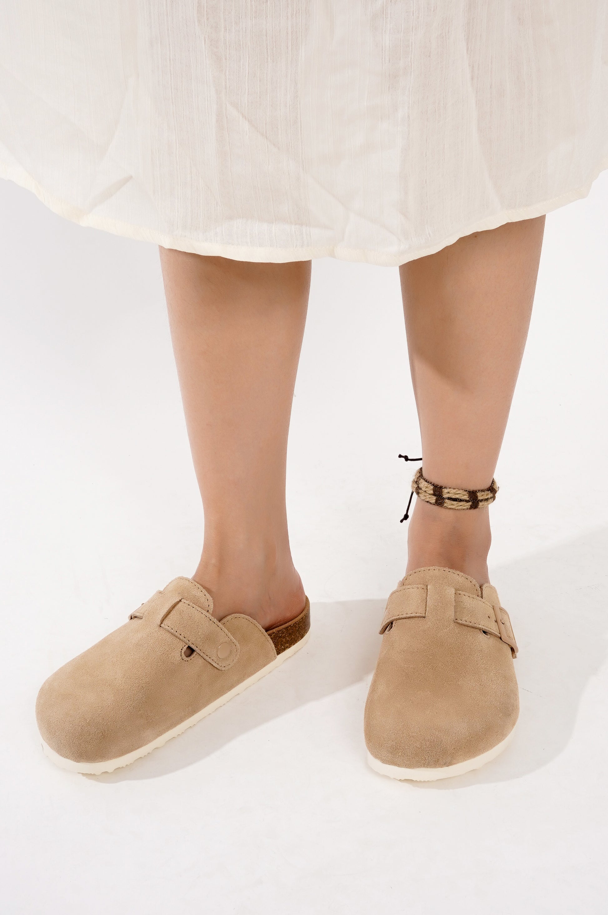 Project Cloud Benton Wide women's clogs in tan suede, cork footbed, and adjustable buckle.