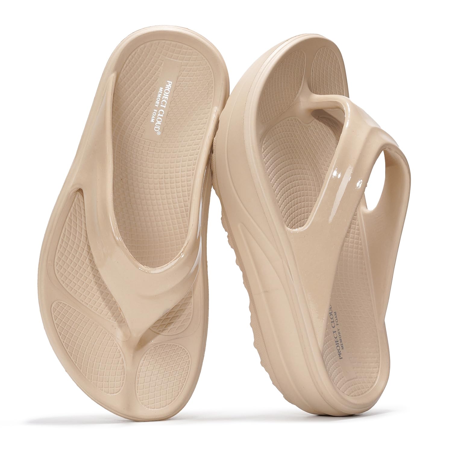 Project Cloud women's platform flip flops in beige. Featuring memory foam for comfort and lightweight EVA material.