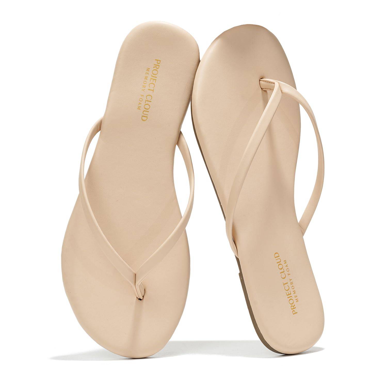 Project Cloud beige vegan leather flip-flops with memory foam. Comfortable women's flat sandals.