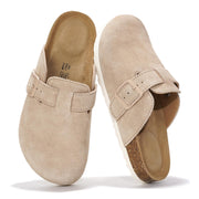 Project Cloud Benton Clogs in beige suede. Features buckle detail, cork footbed, and memory foam arch support for women.