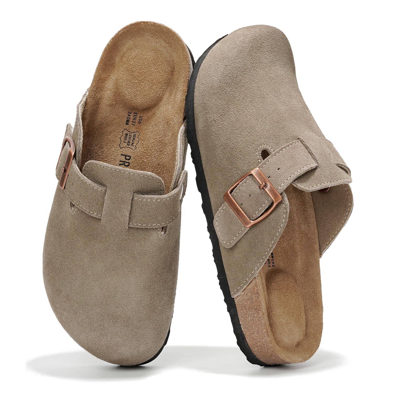 Project Cloud Women's Benton Clogs in taupe suede, with buckle detail and cork footbed