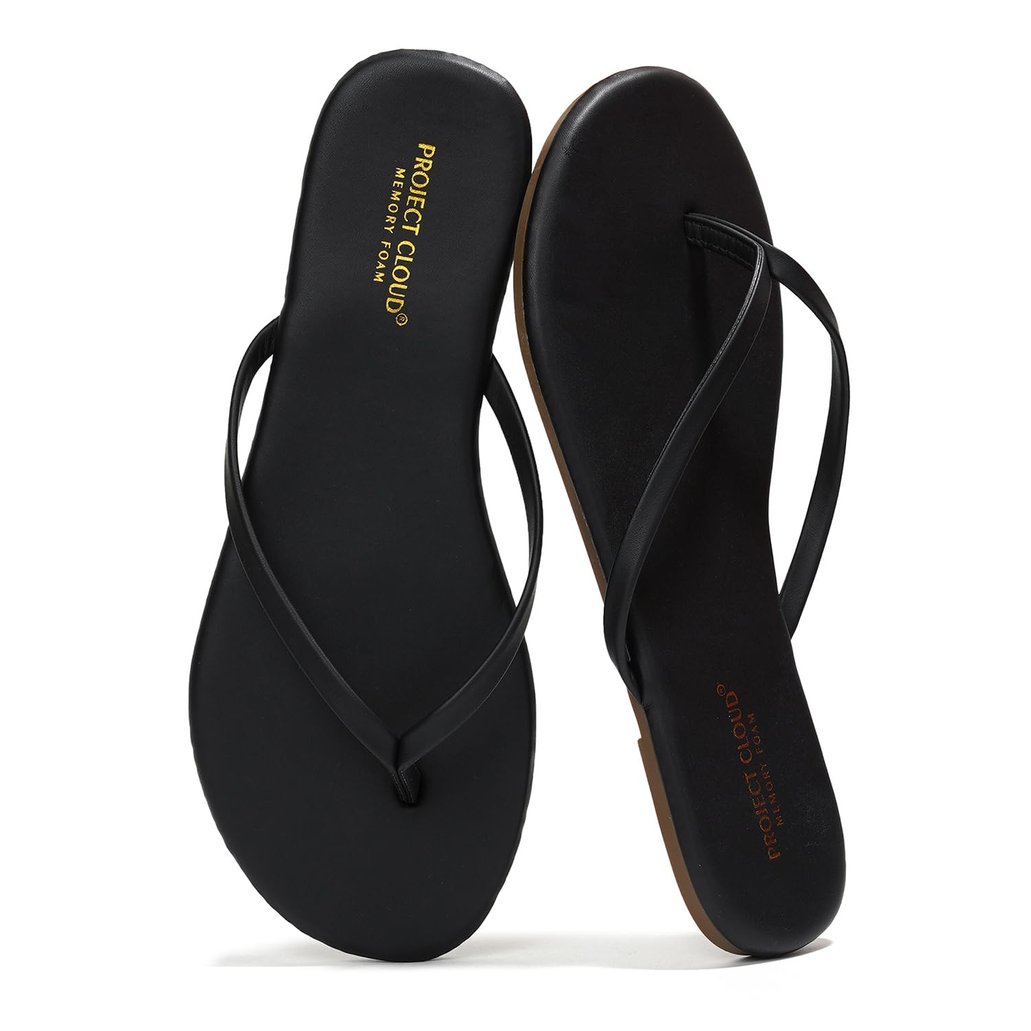Project Cloud black vegan leather flip-flops with memory foam, flat sandals for women. Comfortable and stylish footwear.