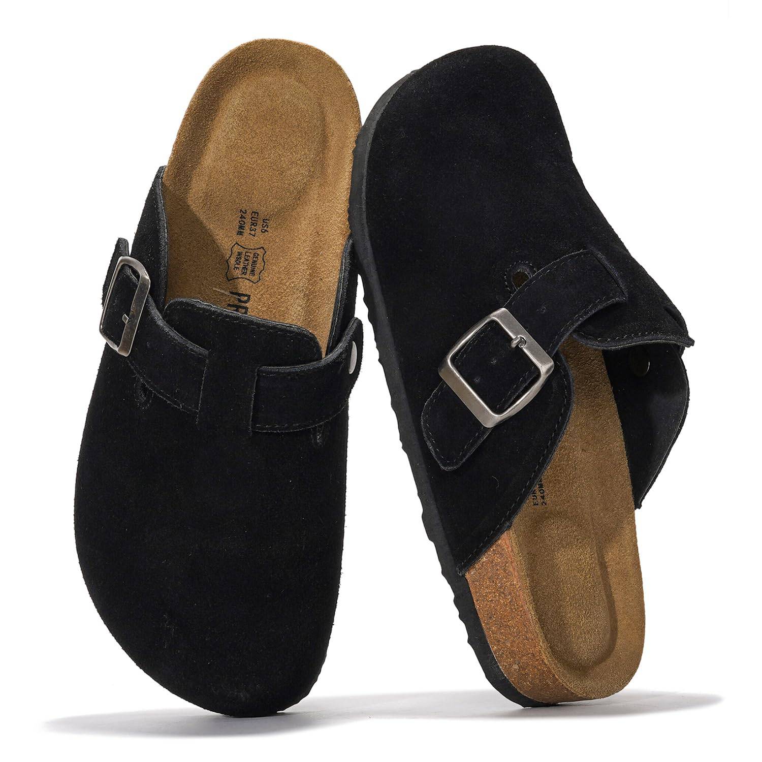 Project Cloud Women's Benton Clogs in black suede, buckle detail, cork footbed, memory foam support