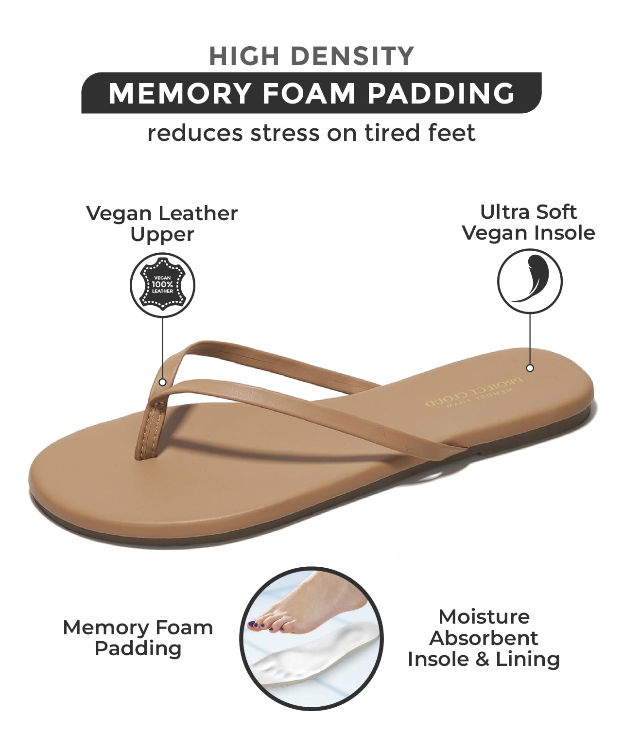 Project Cloud vegan leather sandals featuring memory foam padding for women, offering comfort and style.