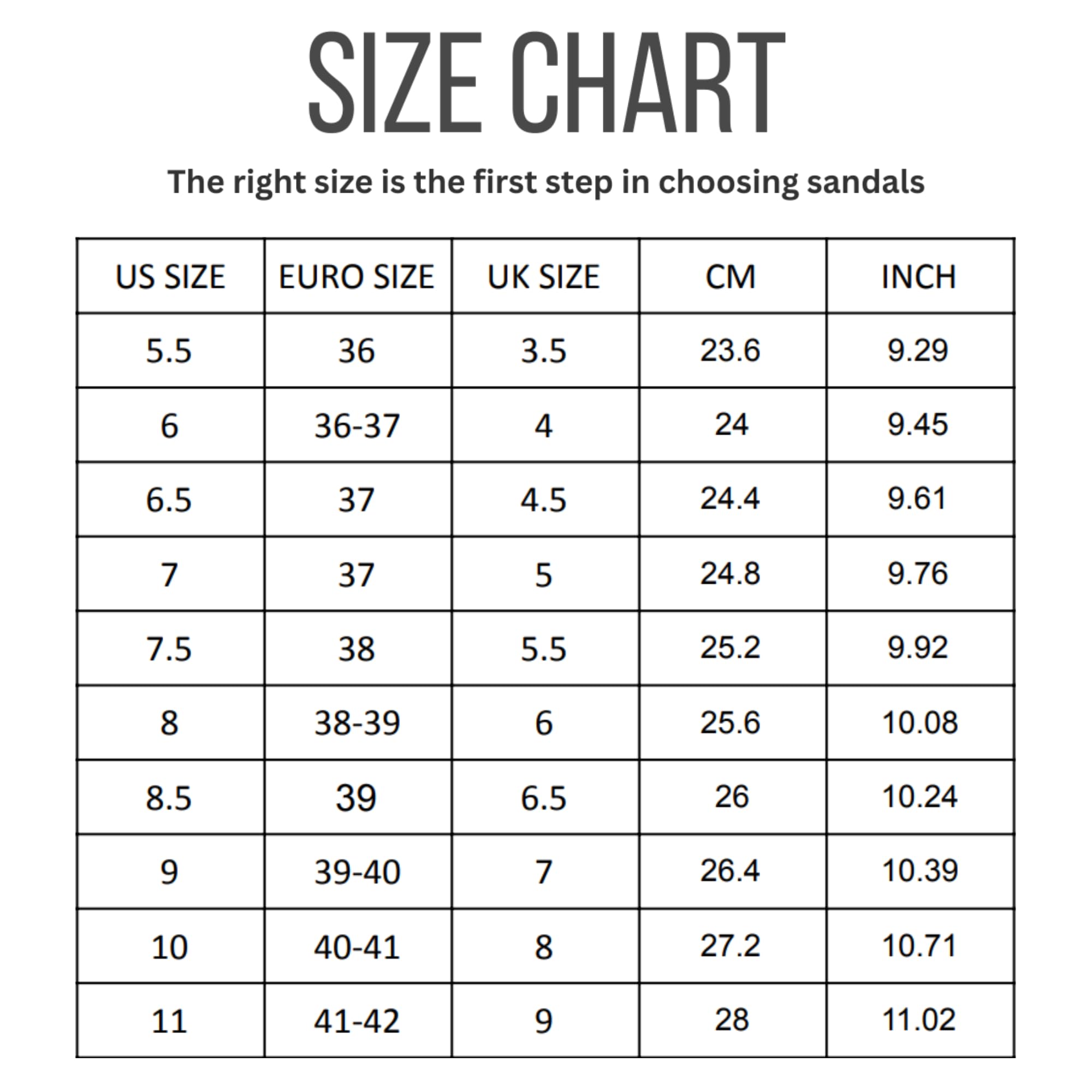 Project Cloud sandal size chart: US, Euro, UK, CM, and inch size guide for women's sandals