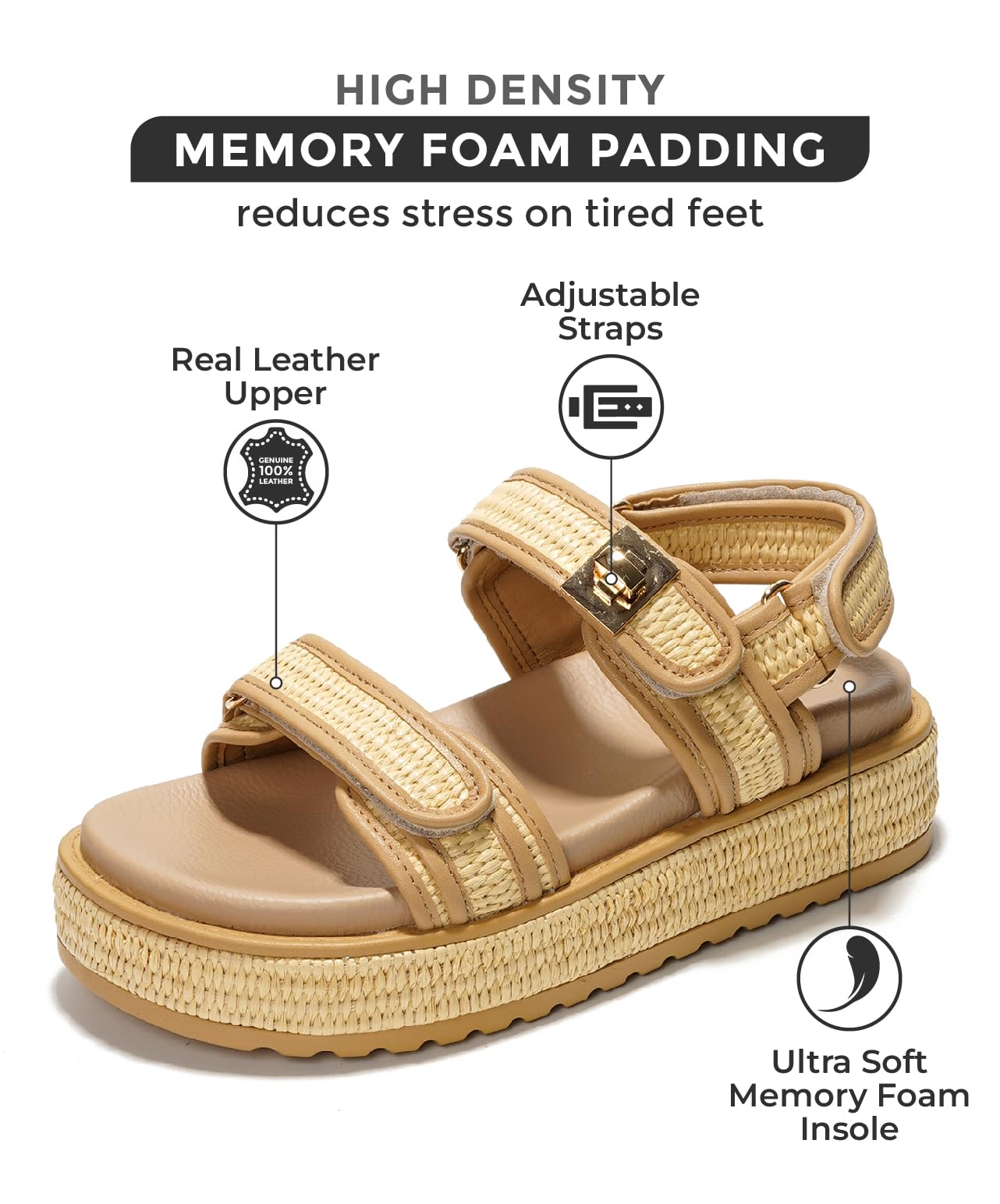 Ginevra beige wedge sandals with leather upper, adjustable straps, memory foam insole, non-slip sole.