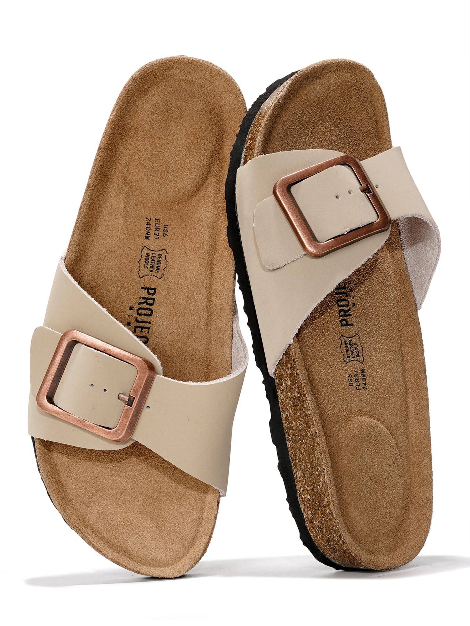 Project Cloud Ibiza Leather Sandals with buckle detail, genuine suede insole, and cork footbed.