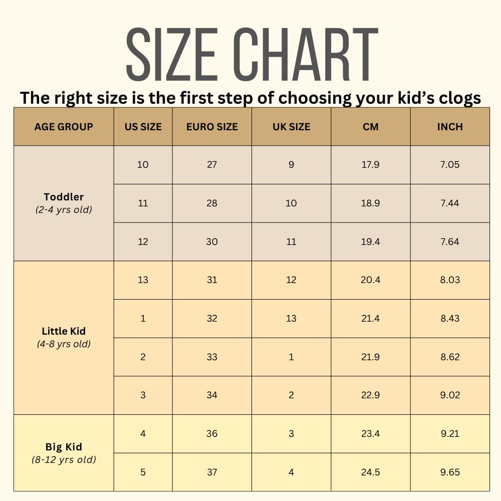 Kid's clogs size chart, matching age group with US, Euro, UK sizes, and cm, inch measurements.