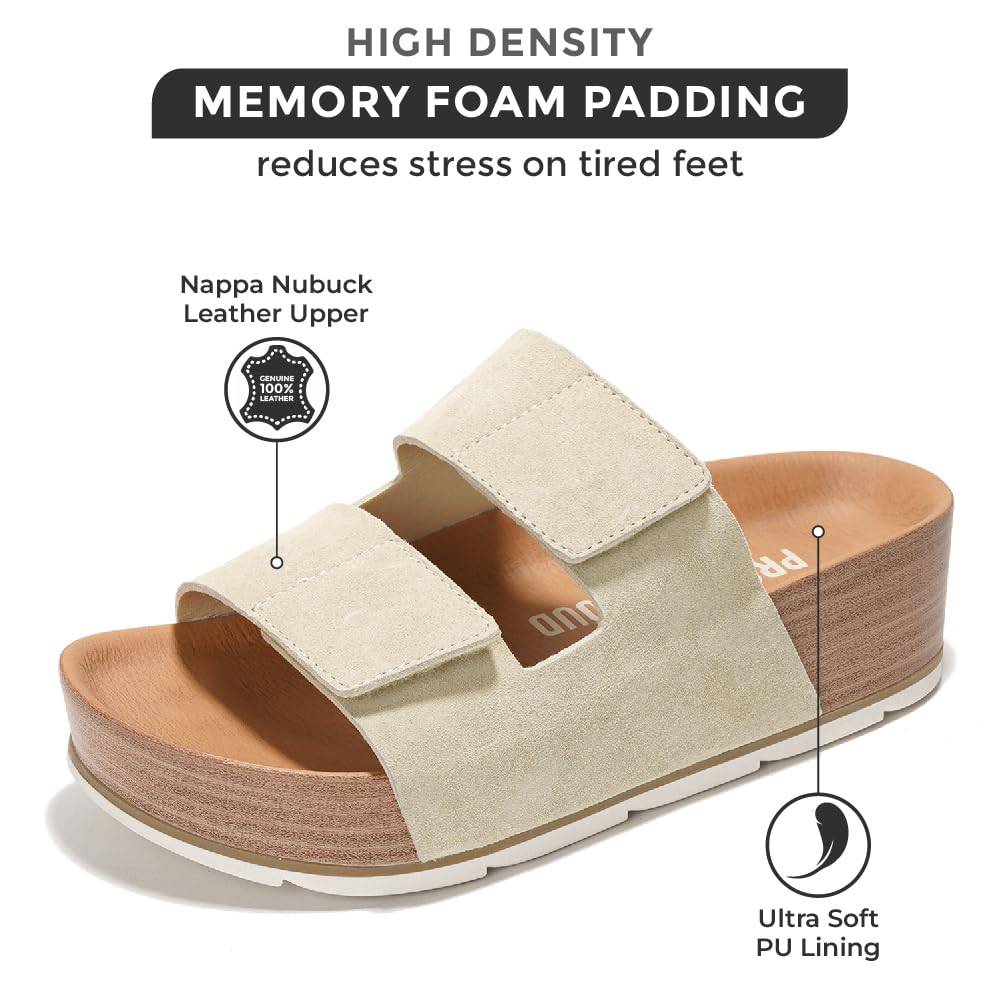 Project Cloud Pismo Platform Sandal. Beige Nappa Nubuck leather upper, high-density memory foam, PU lining for comfort.