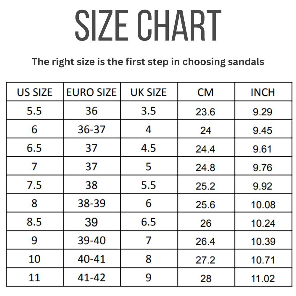 Project Cloud Pismo sandals size chart: US, Euro, UK, CM, and Inch sizes for platform sandals.