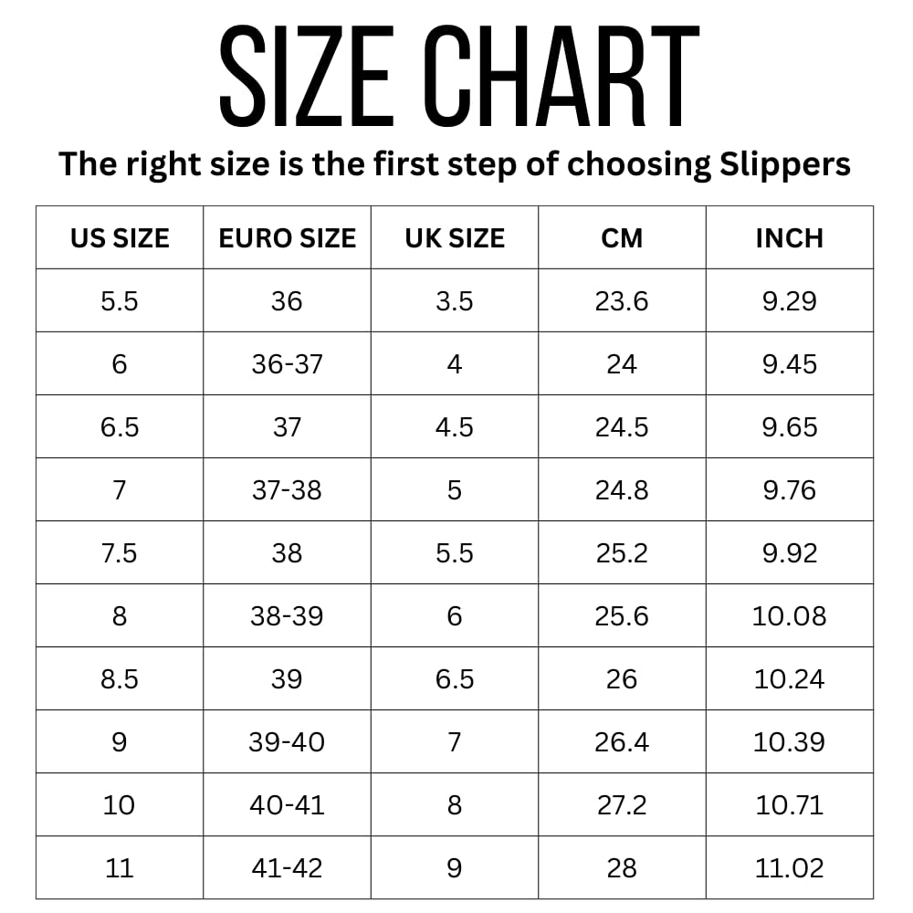 Ryann Slipper Size Chart: US, Euro, UK sizes with CM and inch measurements for sheepskin slippers.
