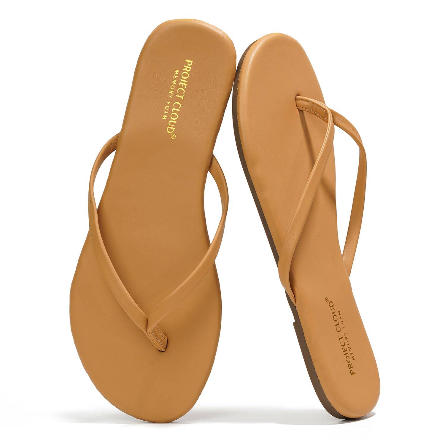 Project Cloud Tan Vegan Leather Flip-Flops with Memory Foam - Women's Comfortable Flat Sandals (Foundations)