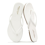 Project Cloud white vegan leather flip flops with memory foam, comfortable flat sandals for women.