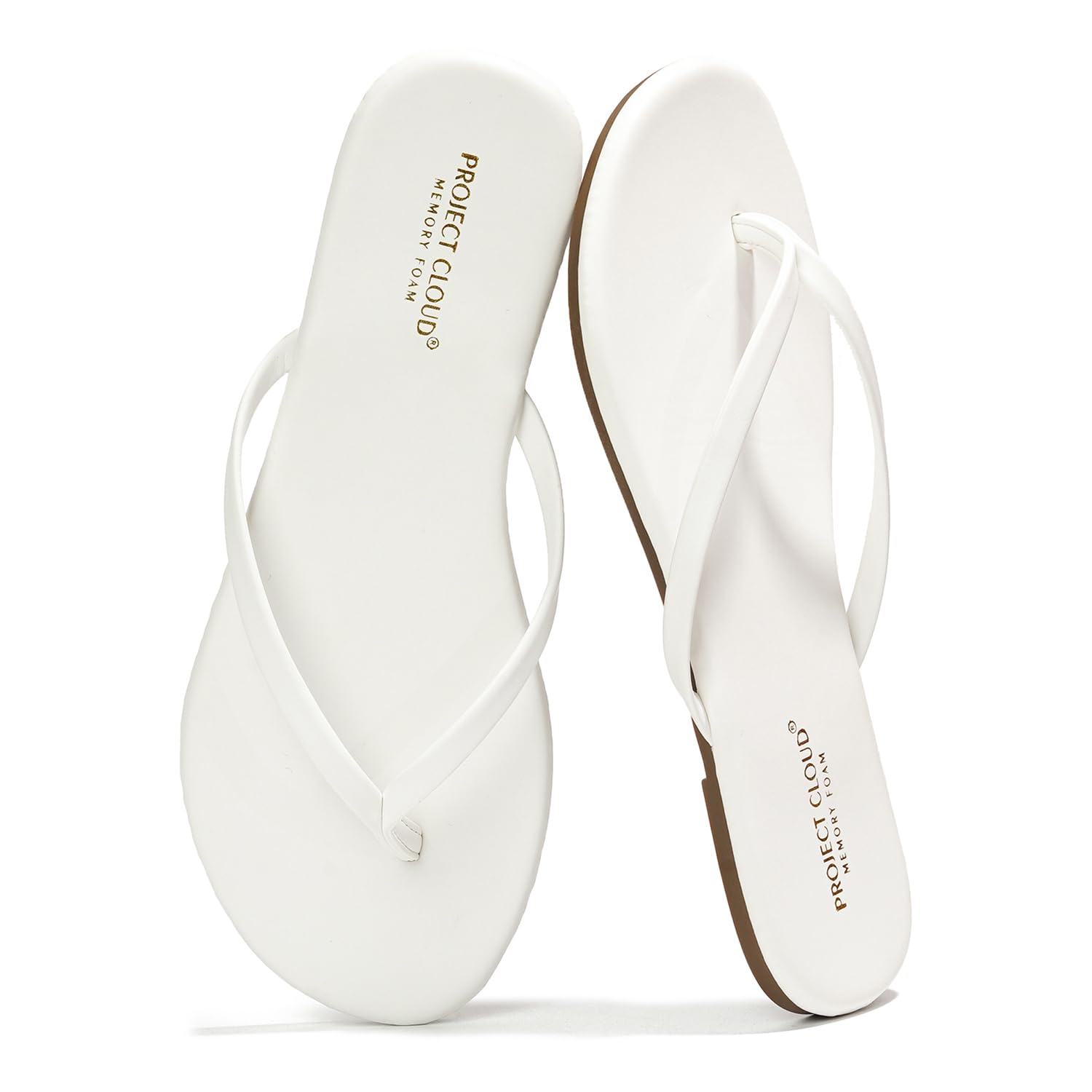 Project Cloud white vegan leather flip flops with memory foam, comfortable flat sandals for women.