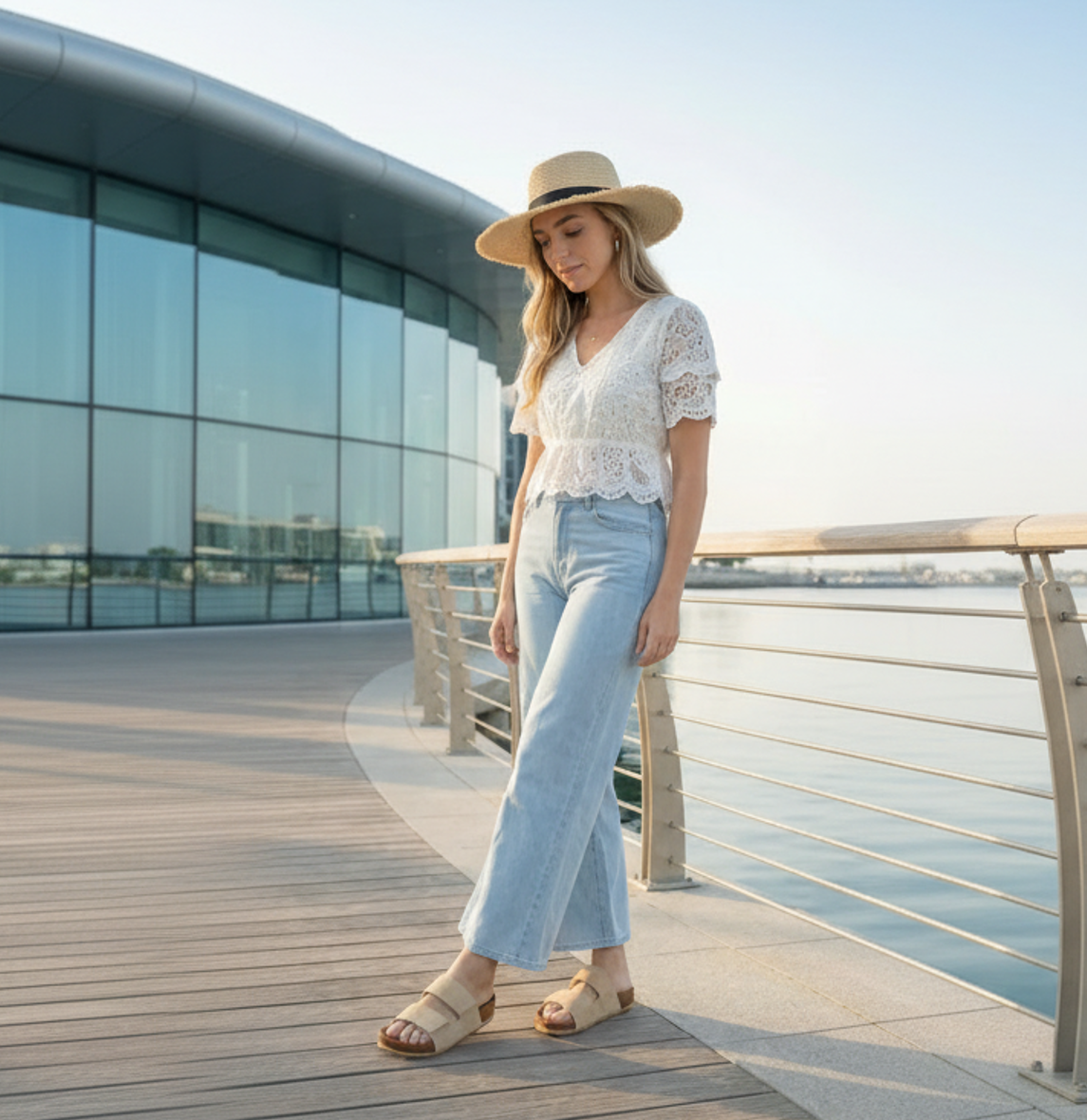 Beige double-strap cork sole sandals worn by a woman on a summer boardwalk.