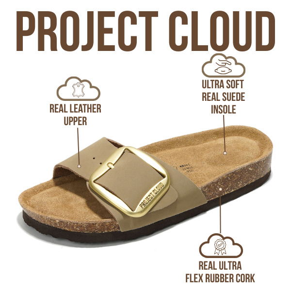 Project Cloud beige leather sandal with gold buckle, real suede insole, and flex rubber cork.
