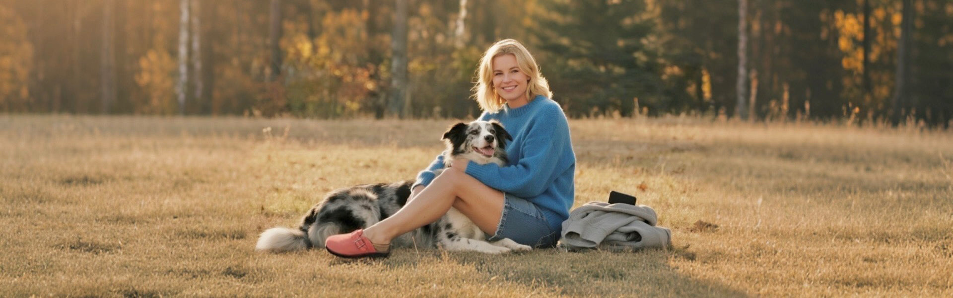 A person sitting on the grass outdoors wearing a blue sweater and pink slip-on shoes, hugging a black and white dog on a sunny autumn day