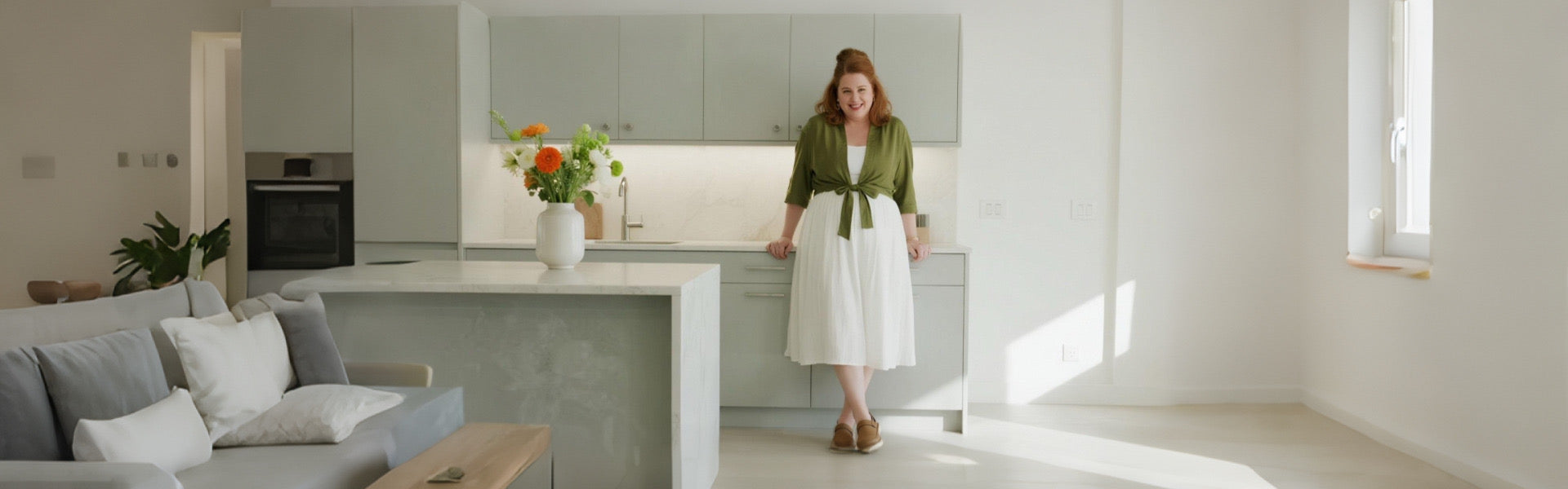 Woman enjoying a clutter-free living space after organizing off-season items