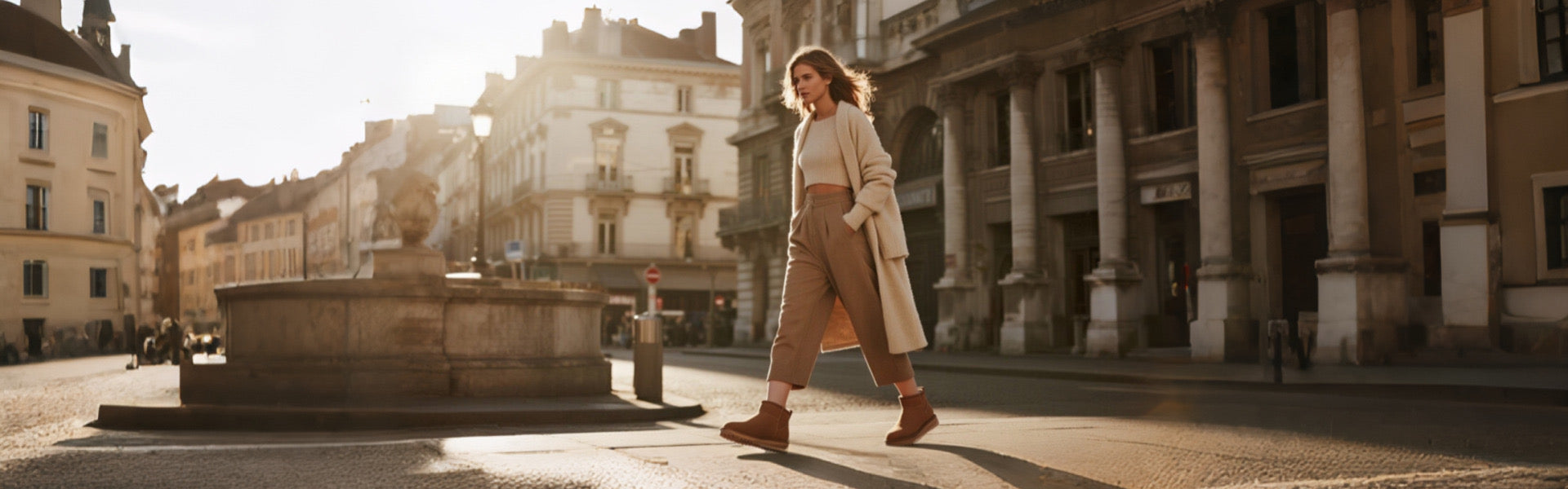 Woman walking on city street in durable brown boots