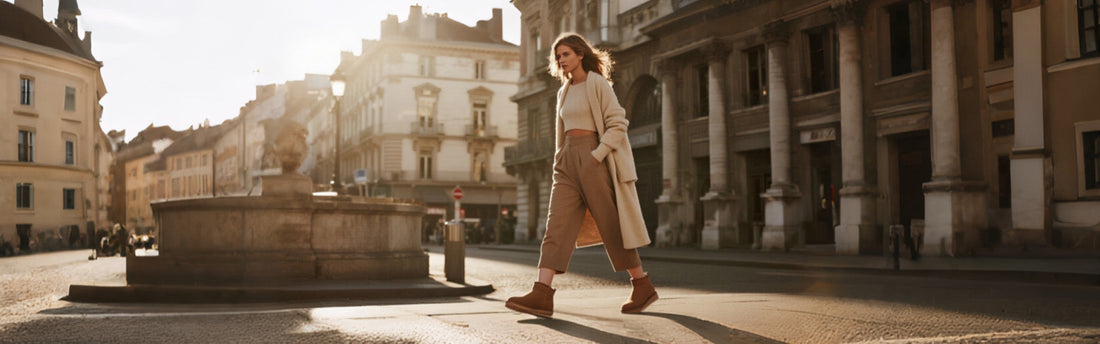 Woman walking on city street in durable brown boots