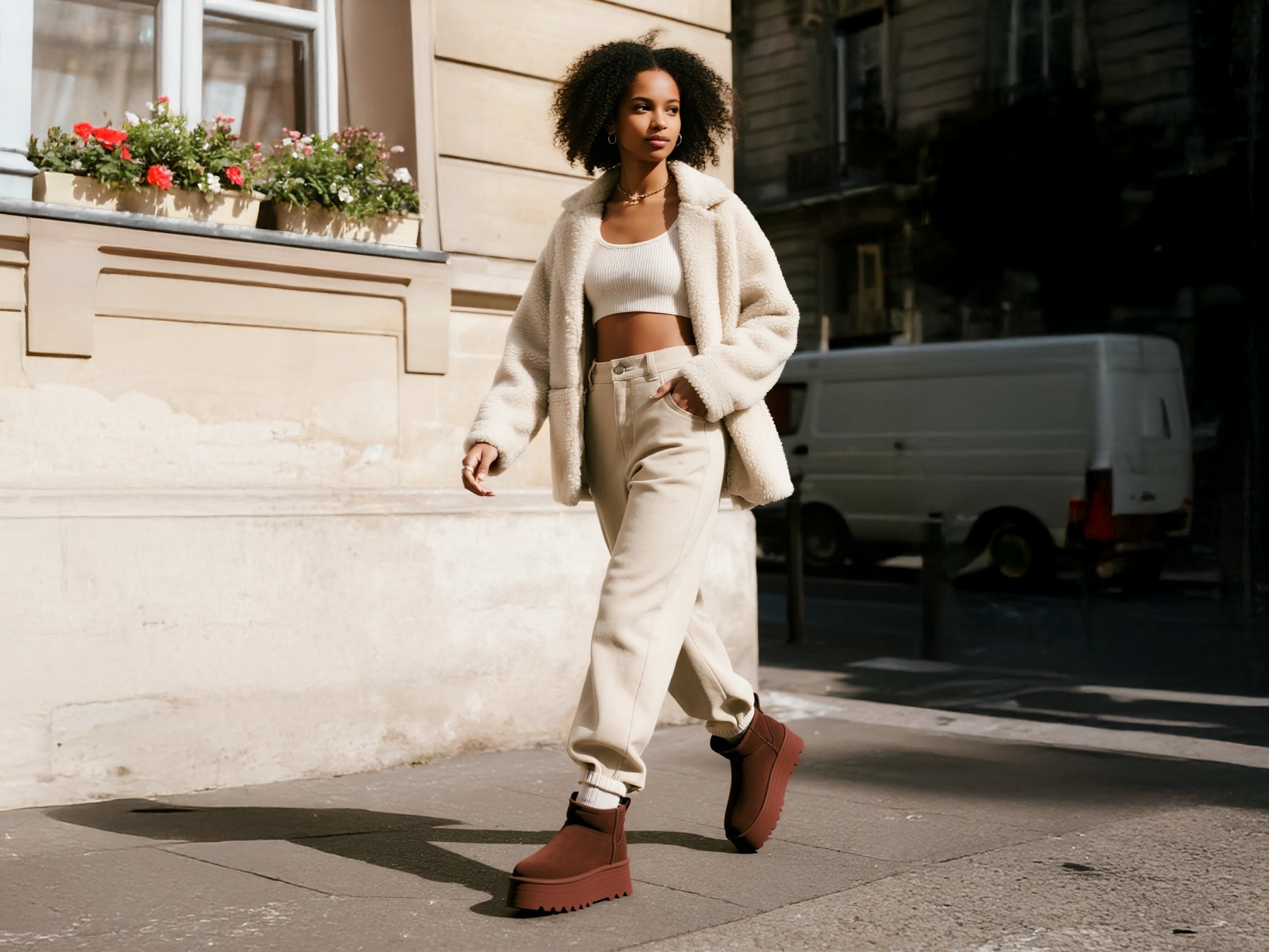 Woman wearing beige cardigan and cream crop top with tan pants and brown platform ankle boots walking on city street