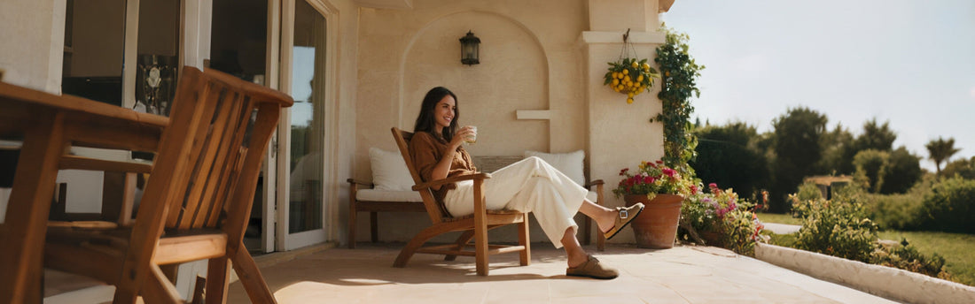 A woman relaxing on a sunny patio wearing stylish brown slip-on shoes with buckle detail
