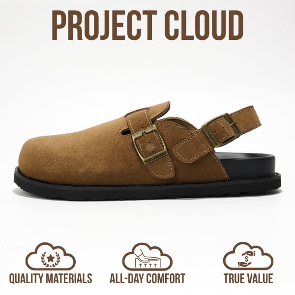 Project Cloud "Cassey" clogs: brown suede leather with buckle strap, memory foam, all-day comfort