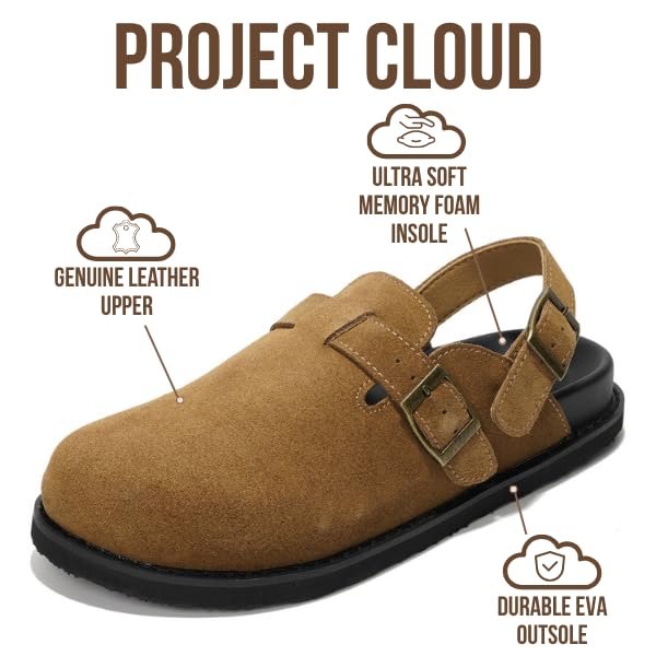 Brown leather Project Cloud Cassey clogs with memory foam insole and buckle strap for women.