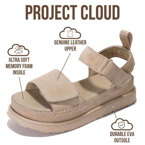 Project Cloud Bronzestar platform sandals, beige suede leather, memory foam, chunky sole.