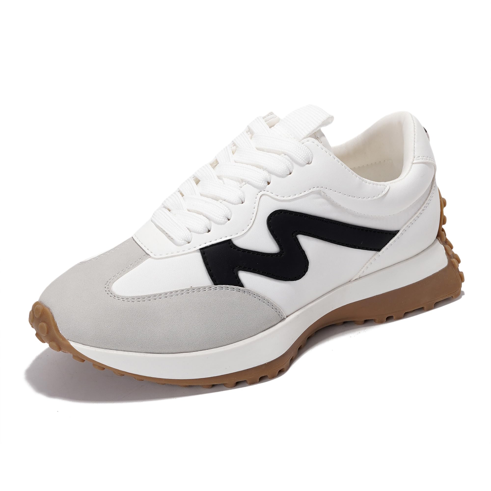 Project Cloud Lecco sneaker: white canvas, gray suede, black logo, brown sole, lightweight, anti-slip design.
