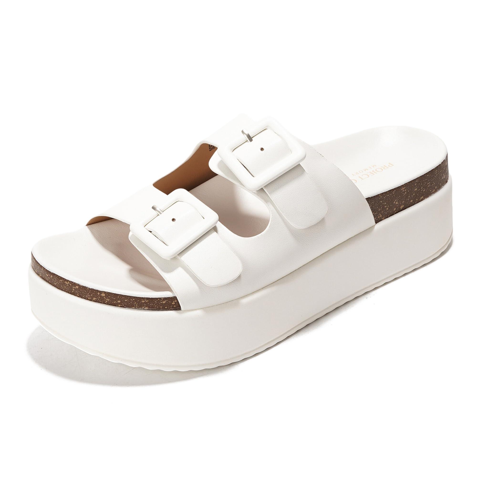 Project Cloud Softy white vegan leather platform sandals with buckle detail, ProjectPlush memory foam footbed, cork insole