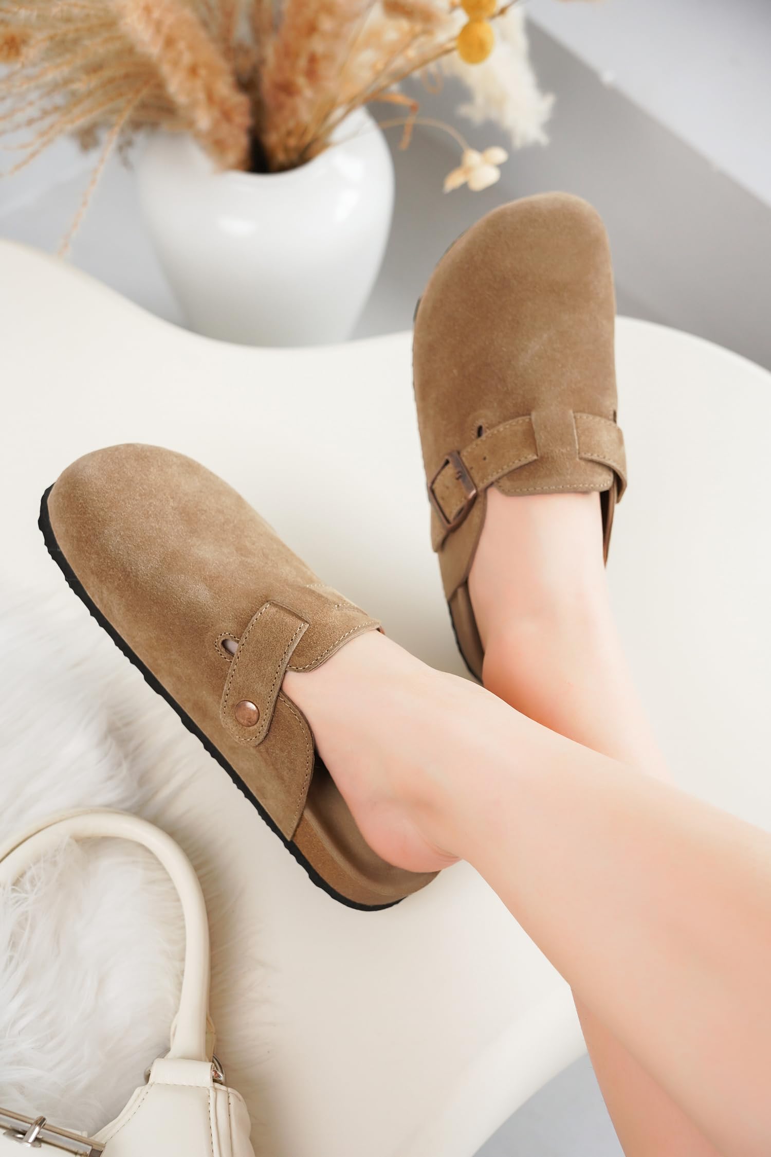 Project Cloud | "Benton Wide" Women’s Footbed Clogs | Genuine Suede | ProjectPlush | Anti-Slip