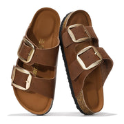 100% Genuine Leather Flat Sandals Comfortable Beach Essentials Womens Sandals - Memory Foam Slides for Women (Santorini)
