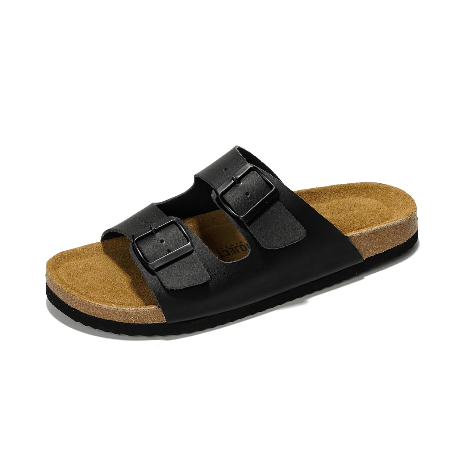 Project Cloud Men's Black Leather Sandals with Cork Footbed and Double Buckle