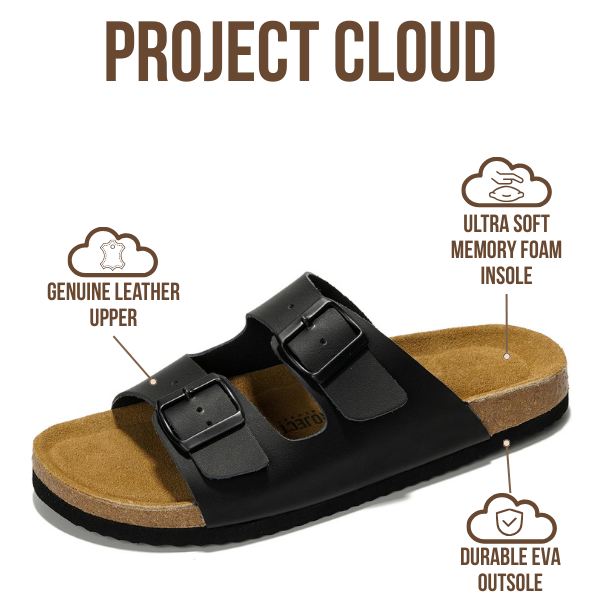 Black sandal with brown sole featuring 'Project Cloud' branding and product features.