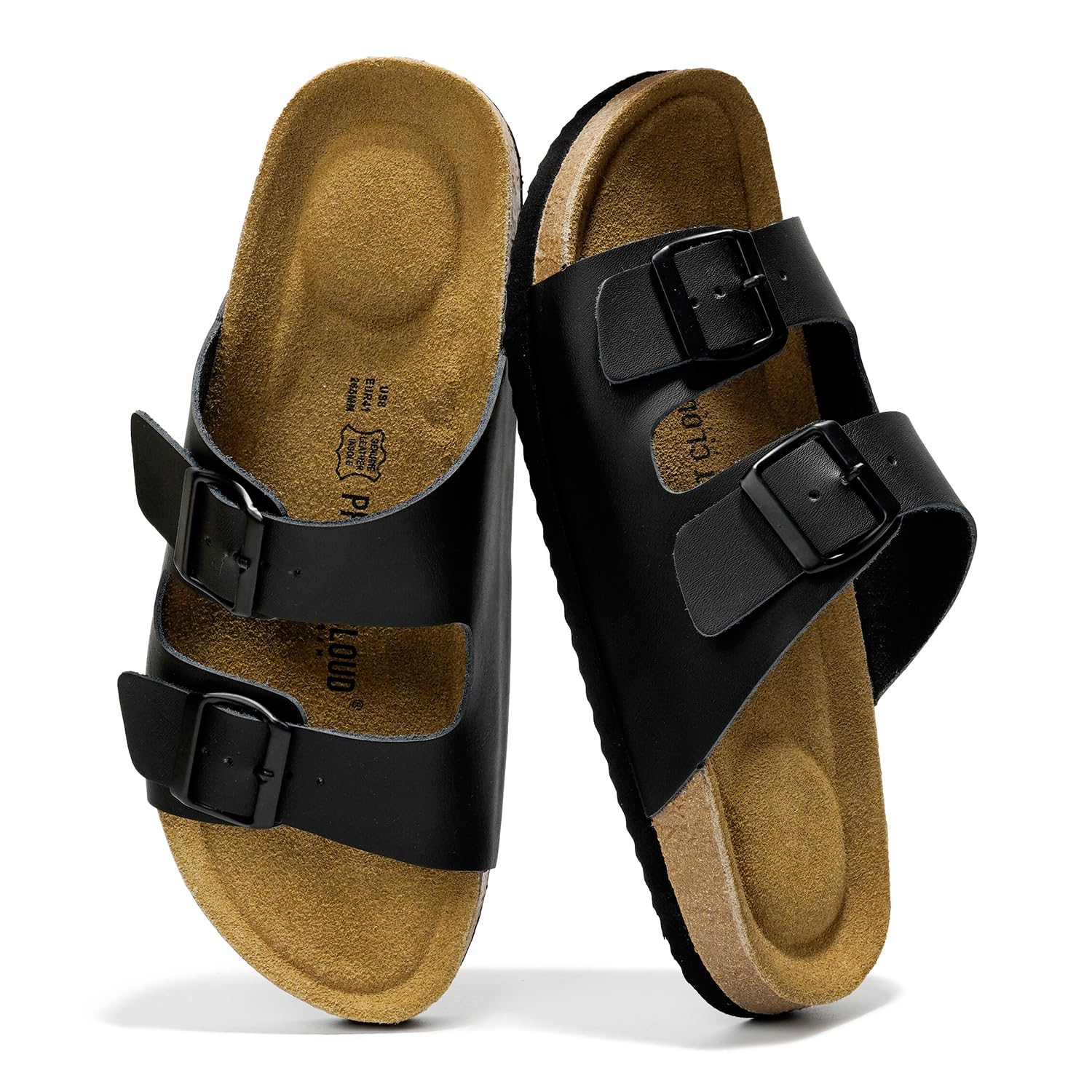 Black Arizona Leather Sandals with Cork Footbed for Men. Project Cloud brand, double-strap design with buckle detail.