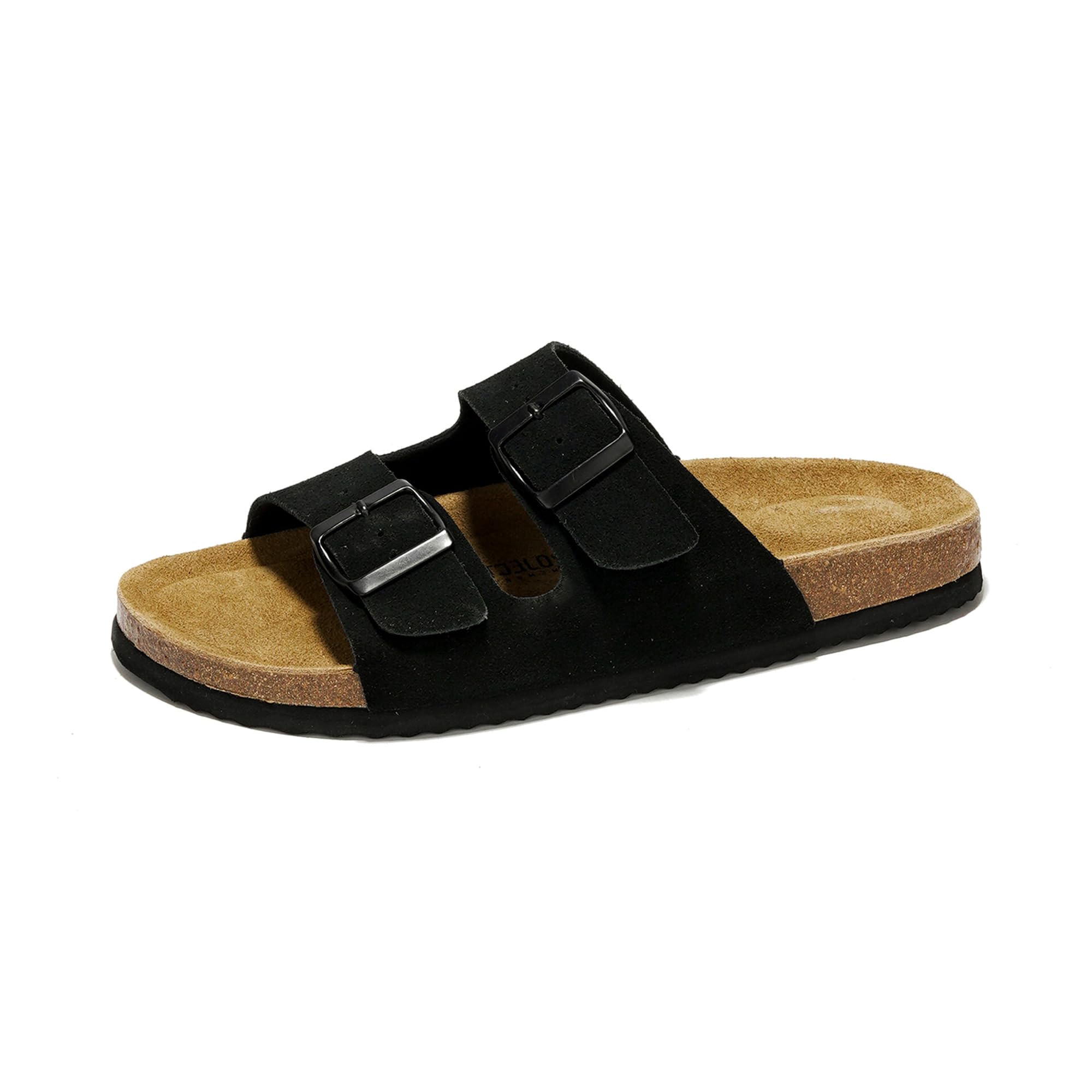 Black leather Arizona sandals with cork footbed, double buckle detail, Project Cloud Mens.