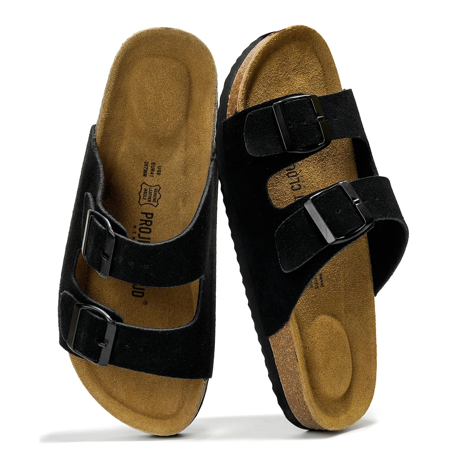 Project Cloud Men's Black Leather Arizona Sandals with Cork Footbed, double buckle detail.