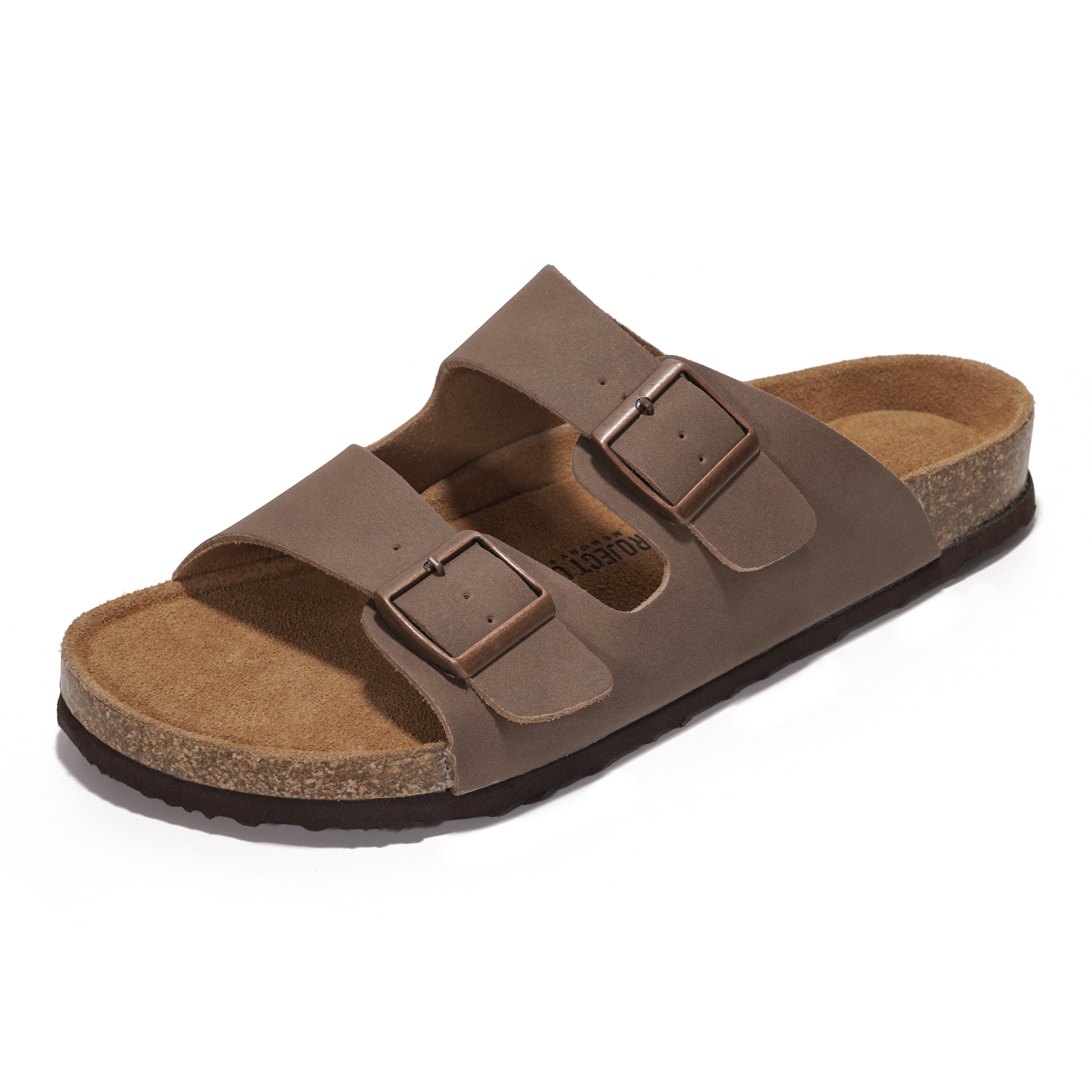 Project Cloud Men's Brown Leather Sandals with Cork Footbed and Double Buckle