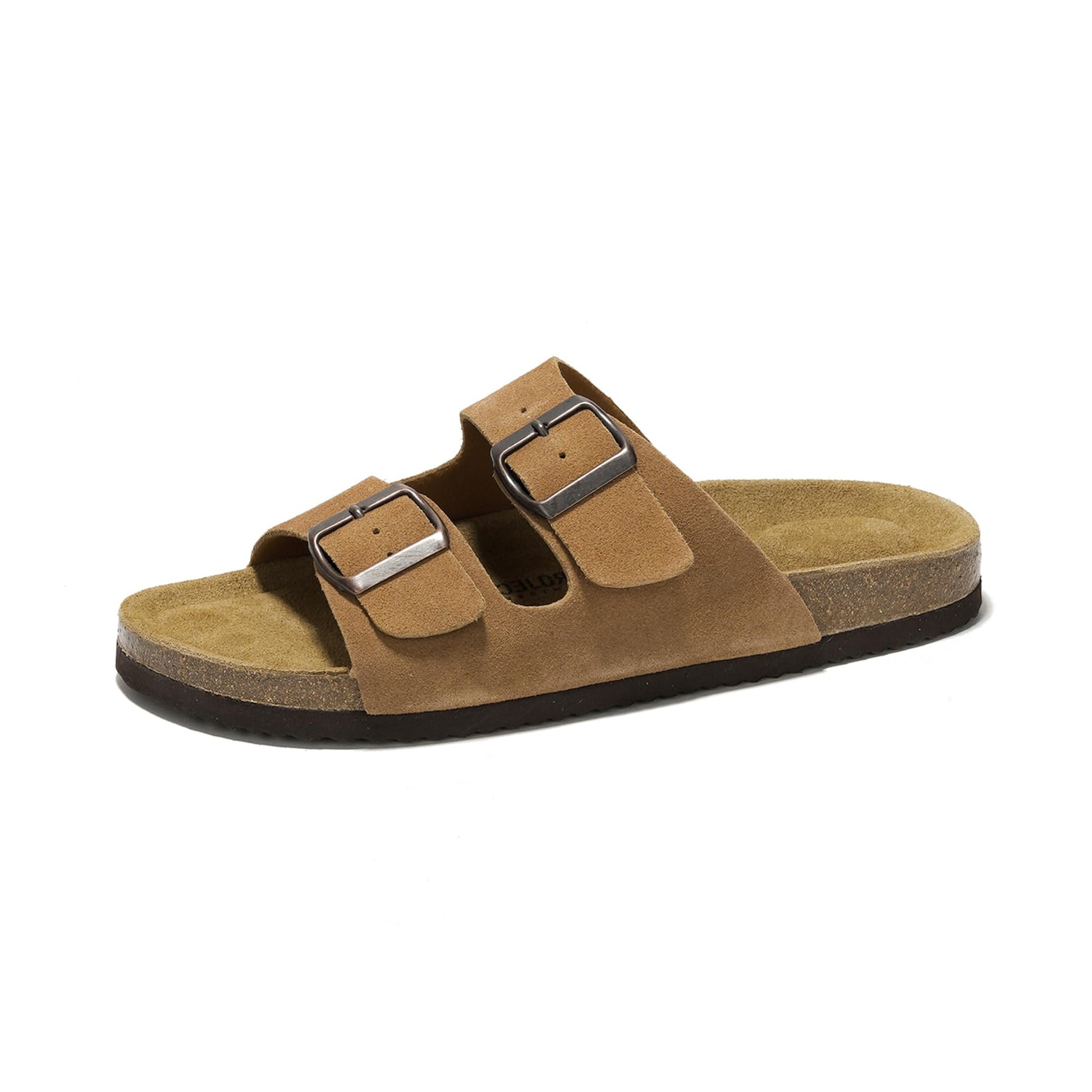 Project Cloud Arizona Mens Tan Leather Sandals with Cork Footbed, double buckle design.