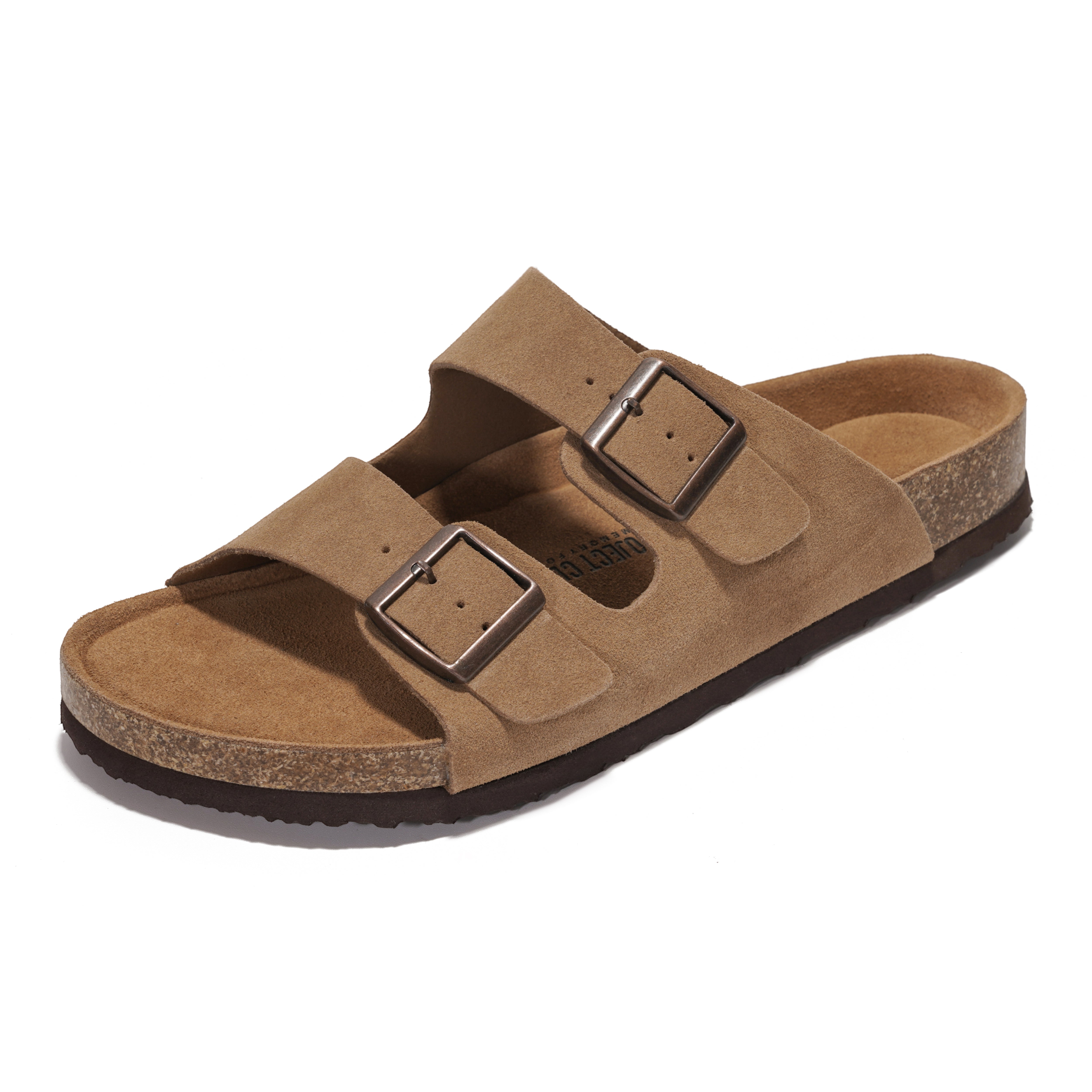 Project Cloud Arizona Mens Tan Leather Sandals with Cork Footbed, double buckle design.