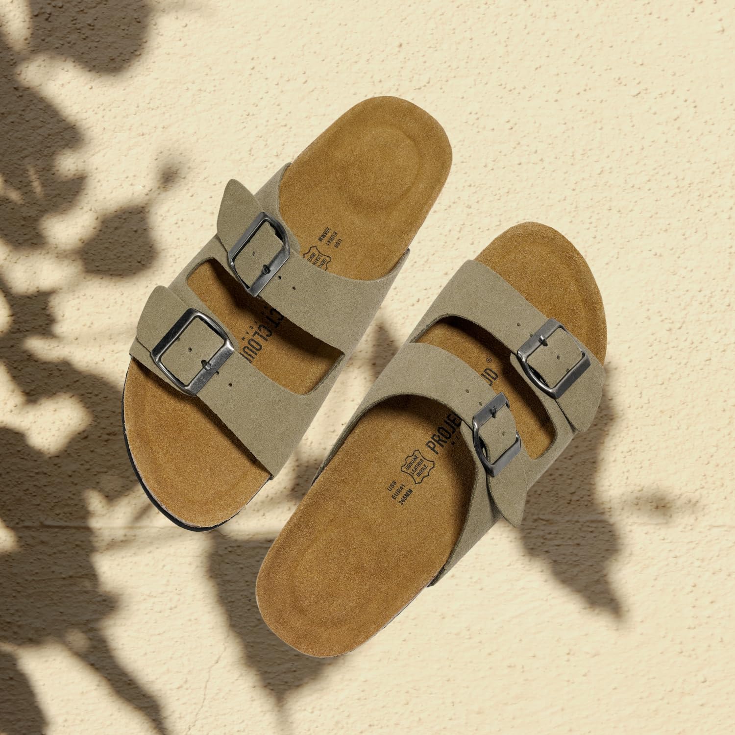 Project Cloud Arizona men's tan leather sandals with cork footbed and double buckle detail.