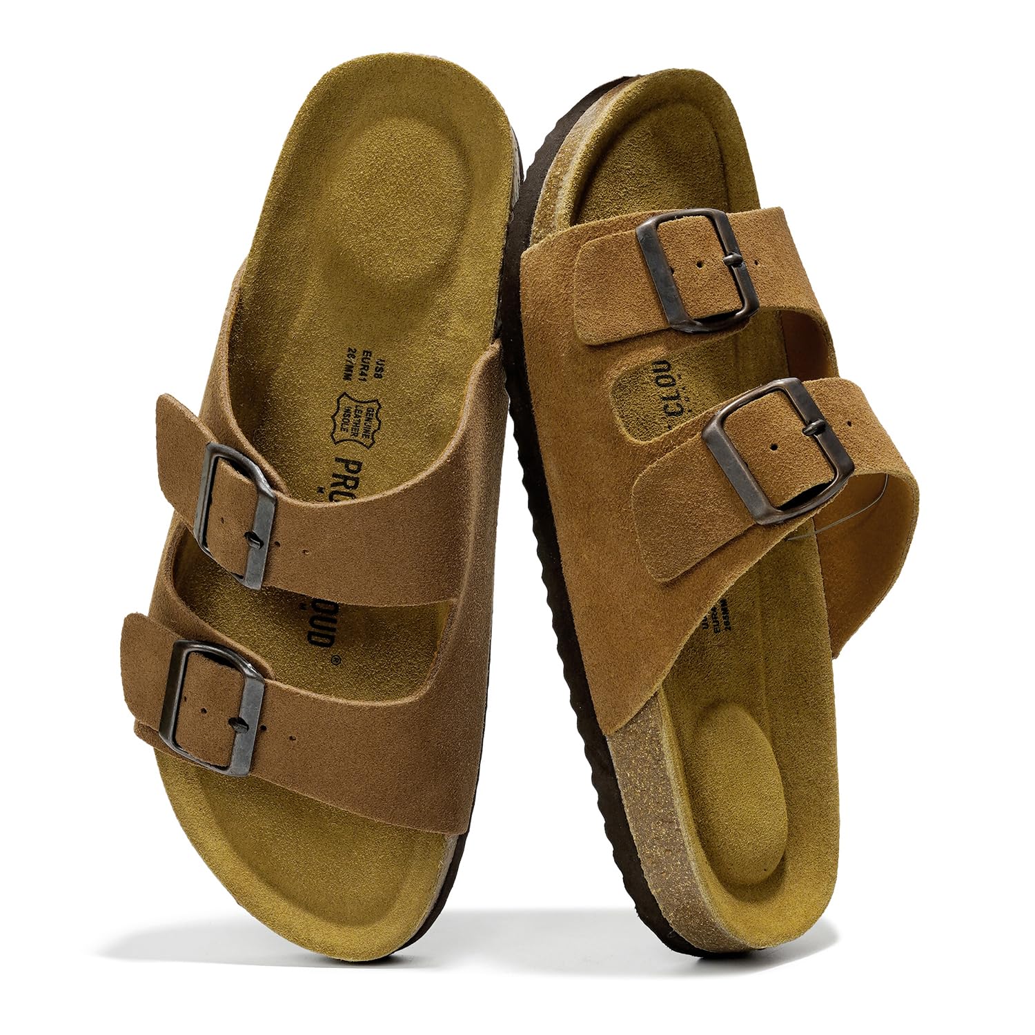 Men's tan leather Arizona sandals with cork footbed and double buckle. Project Cloud.
