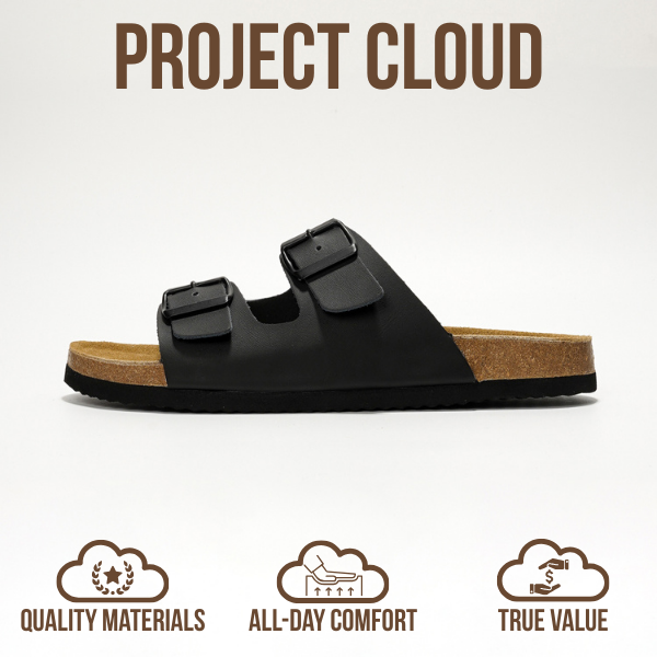 Black sandal with brown insole on a white background, featuring 'Project Cloud' branding.