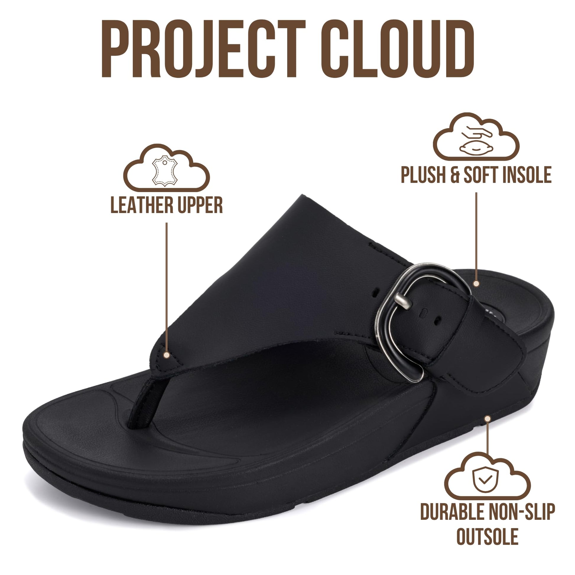 Project Cloud Women's | Leather Thong Sandals | Adjustable Buckle | Plush and Soft Insole | Lightweight | Non-Slip - Arlee Buckle - Project Cloud - Sandals -Shop Project Cloud premium footwear Now!
